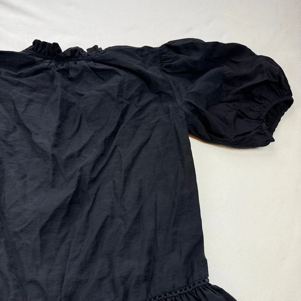 Zara Black Puff Sleeve Ruffle Neck Mini Dress Dropped Waist Medium